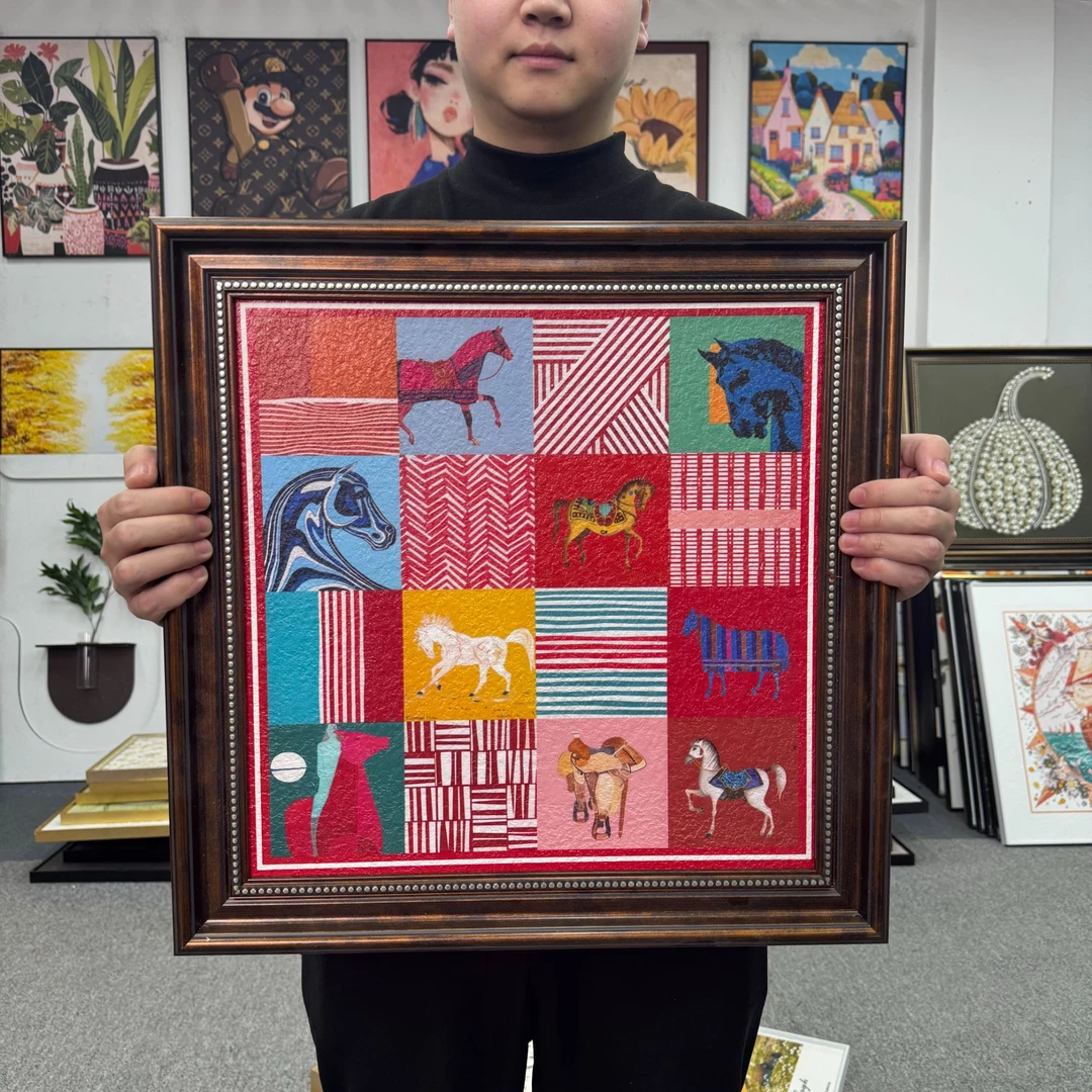 砂岩美式复古骏马轻奢装饰画文艺高级感卧室餐厅壁画装饰画5050
