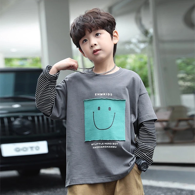 儿童童装男童长袖T恤儿童打底衫假两件2025秋装新款中大童