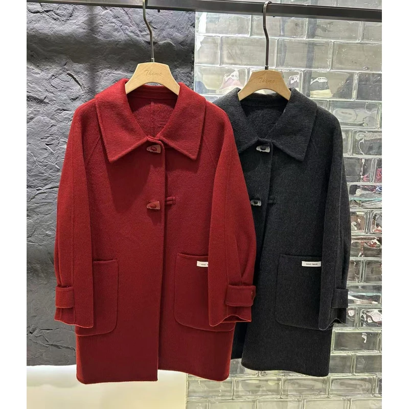 6805-31102 极简中长款厚款百搭翻领呢大衣服女士毛呢外套