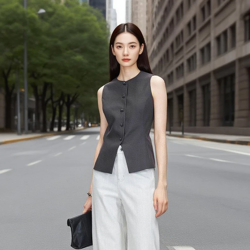 法式通勤职业风条纹圆领西装马甲女夏季时尚收腰显瘦百搭无袖上衣