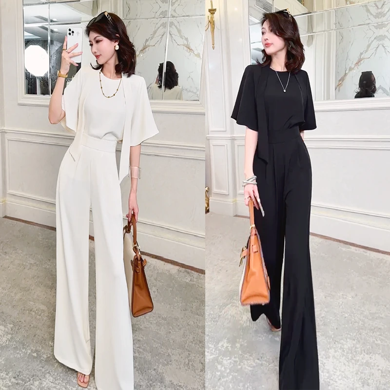 夏日气质通勤套装宽松喇叭袖上衣高腰阔腿裤两件套S-XL
