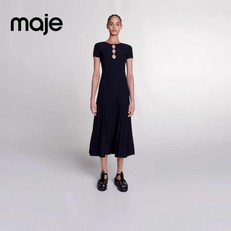 【一秒入夏】Maje春夏女装气质黑色修身长款短袖连衣裙MFPRO03411