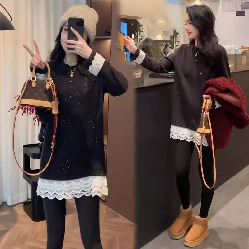 加厚蕾丝拼接长袖T恤女2025春秋冬新款时髦洋气中长款亮丝打底衫