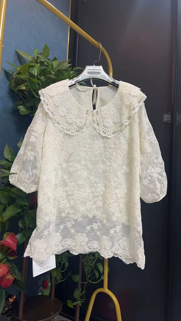 LL琳大码欧货时尚减龄大码女装上衣胖mm娃娃领钉珠七分袖小衫2498