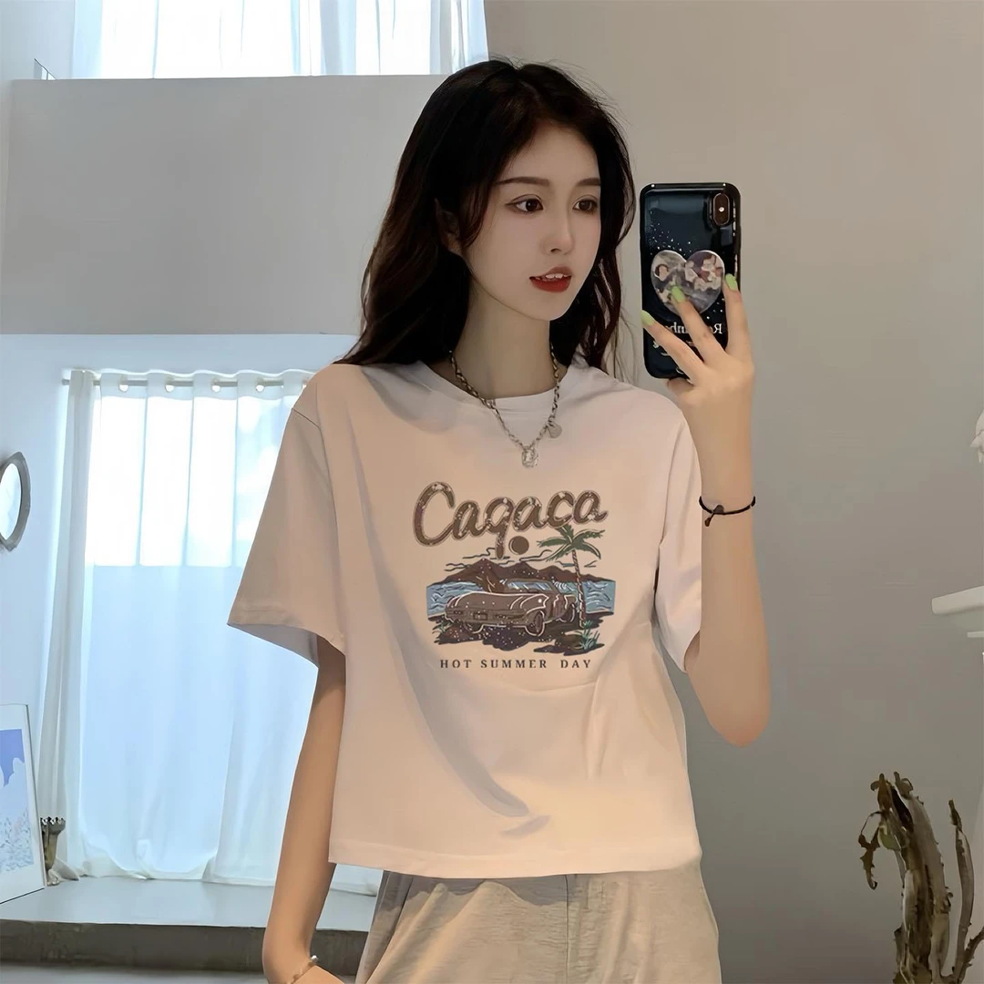 【品质欧货】白色短款正肩t恤女夏季短袖2025新款爆款小个子宽松