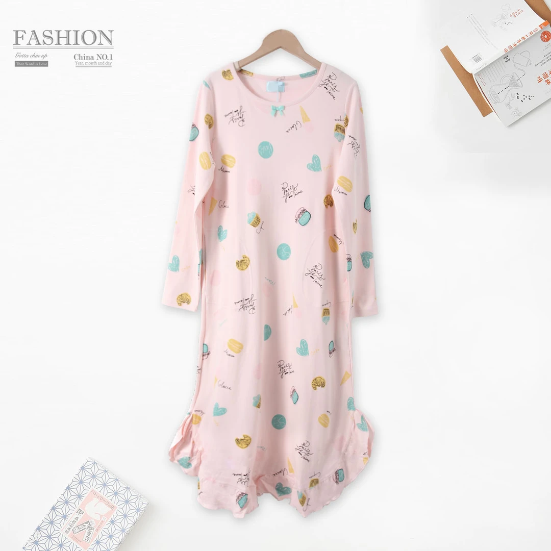 春季女士纯棉家居裙长款圆领套头长袖休闲睡裙BB893舒适亲肤透气