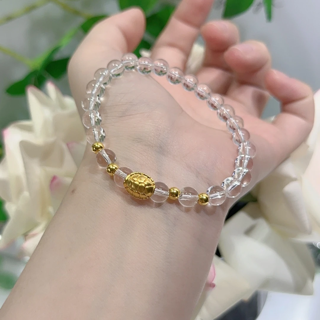 天然白水晶双A净体足金999富甲金珠手链精美女士珠宝饰品