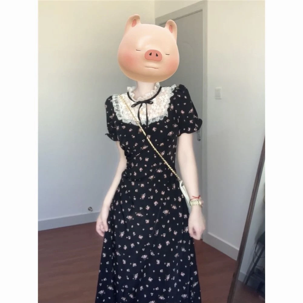 大码法式复古蕾丝拼接碎花连衣裙夏收腰显瘦少女感字小黑裙