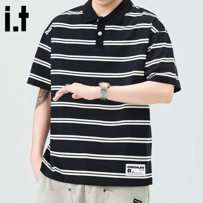 i.t:CHOCOOLATE条纹短袖polo衫男士薄款2025夏季宽松休闲翻领半袖