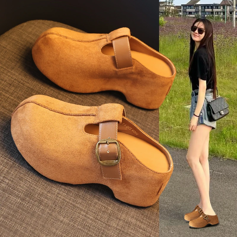 厚底勃肯半拖鞋女内增高8cm高跟新款秋包头凉拖鞋休闲懒人鞋时尚