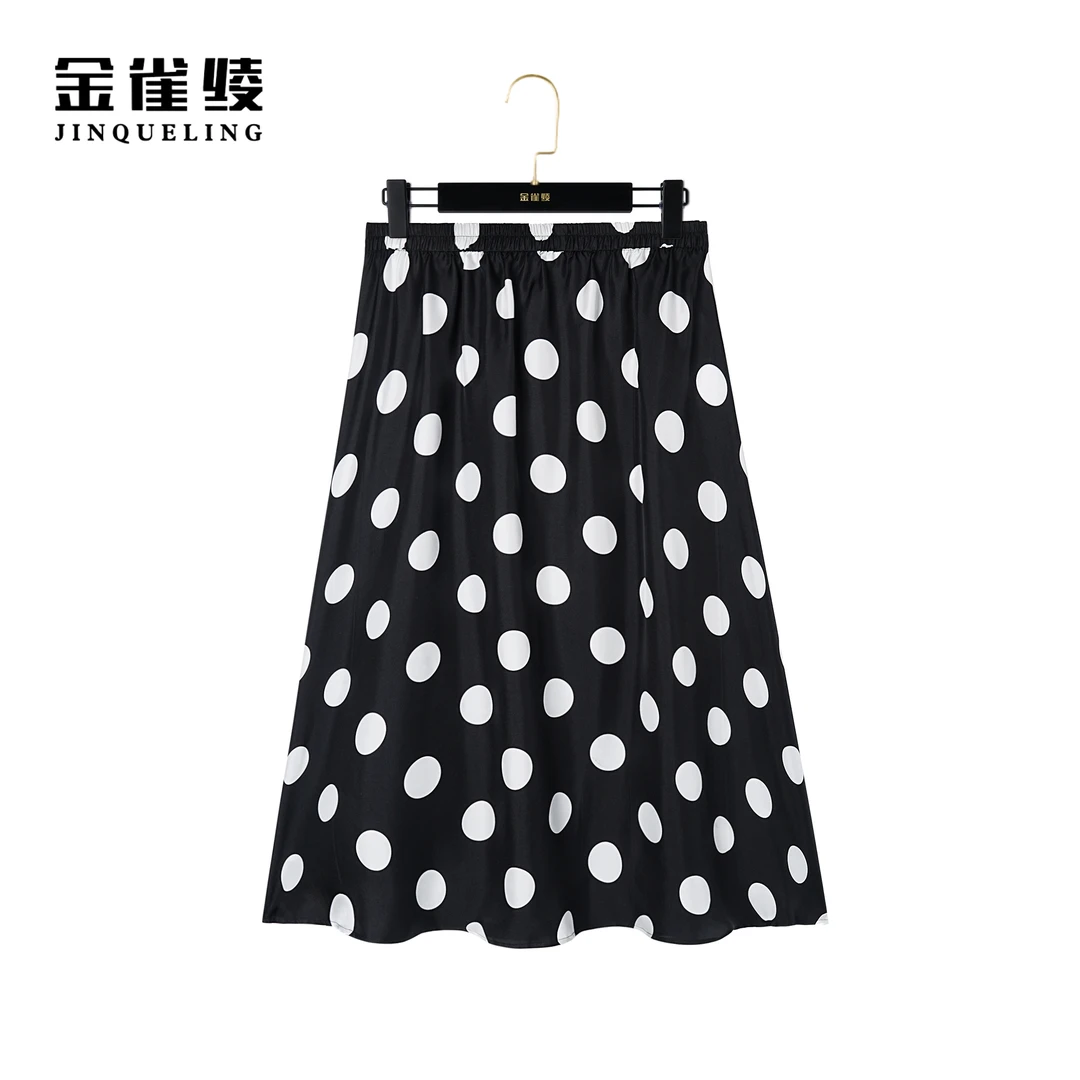 金雀绫【赫本裙】100桑蚕丝高腰港风波点印花时尚半身裙AQ6147