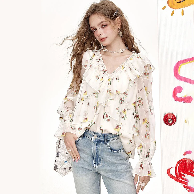 法式荷叶边草莓雪纺衫女2025年夏季新款一字肩衬衫高级感气质上衣