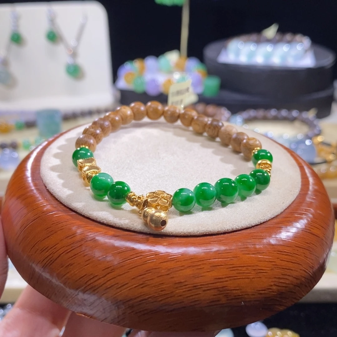 翡翠18K金镶嵌手串18K辣绿小珠手串