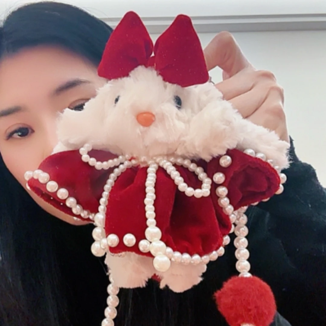 红色丝绒裙新年款兔兔手机背夹垂耳兔斜挎毛球链