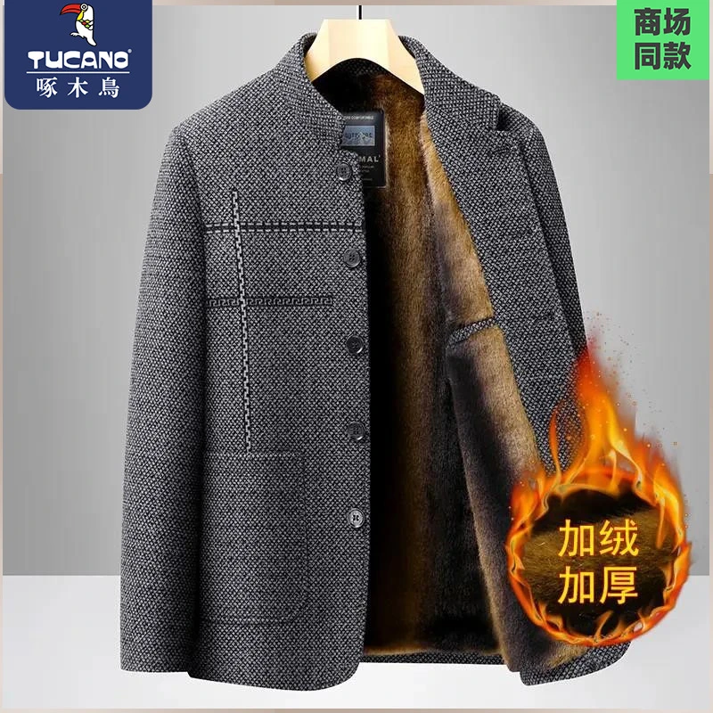 啄木鸟中老年男士加绒外套秋冬爸爸装雪尼尔保暖夹克中老年人衣服