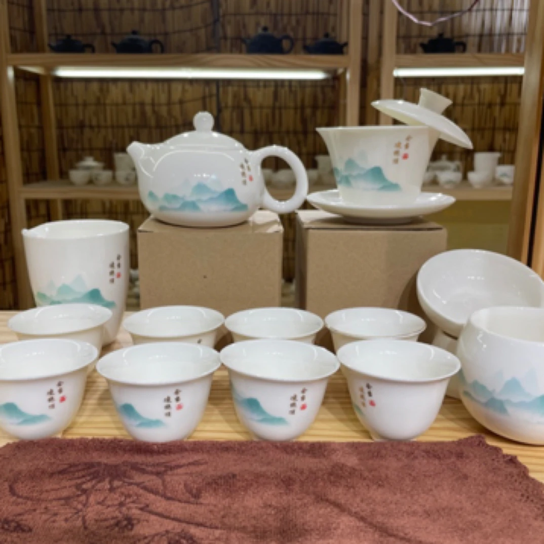 会当临绝顶15件套羊脂玉瓷茶具套组安全包装盖碗茶壶8客杯六君子