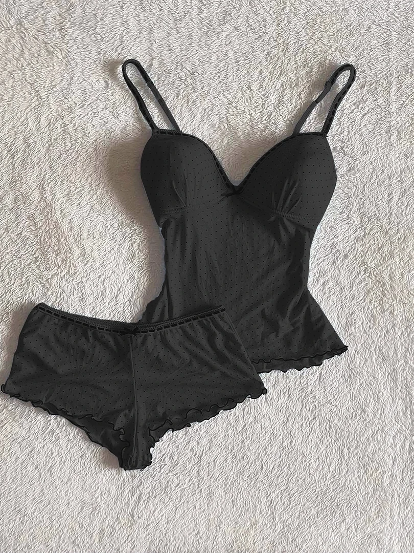 【DMXJ大梦想家】纯欲风黑色睡衣女夏季新款性感波点短裤家居服套装