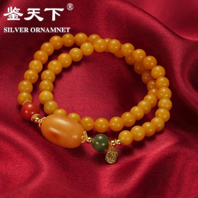 鉴天下天然蜜蜡小米珠手串双圈叠戴手链多圈串珠06600102