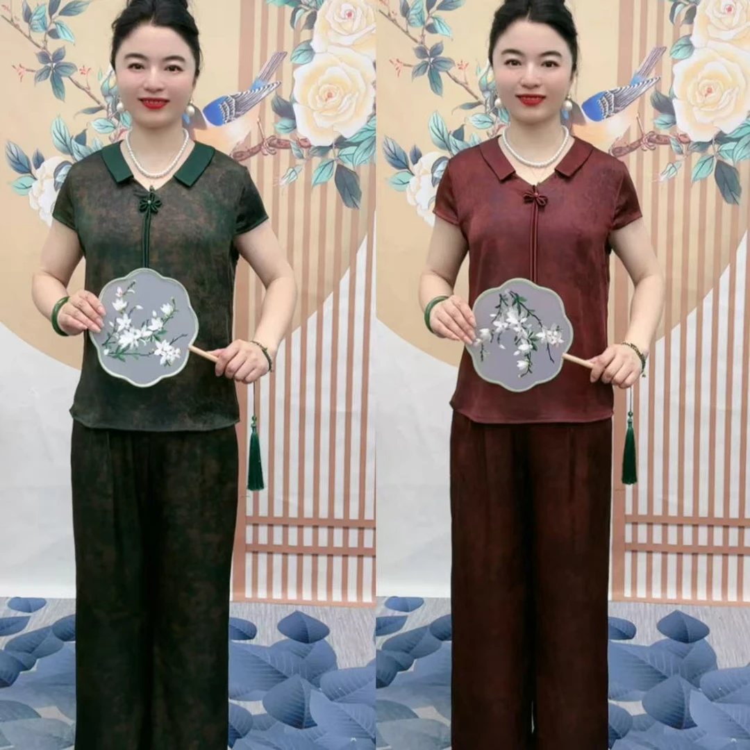 8639 减龄娃娃领宽松舒适中老年妈妈套装【上衣+裤子】