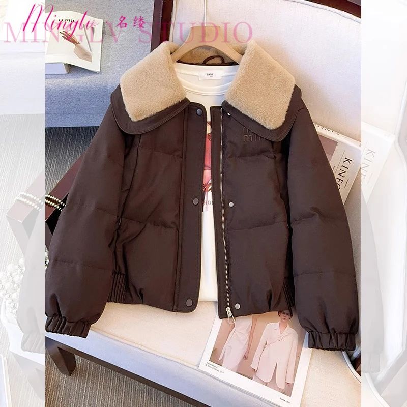 美拉德棕咖色时尚百搭拼接翻领羽绒服女2025冬季新短款小个子外套