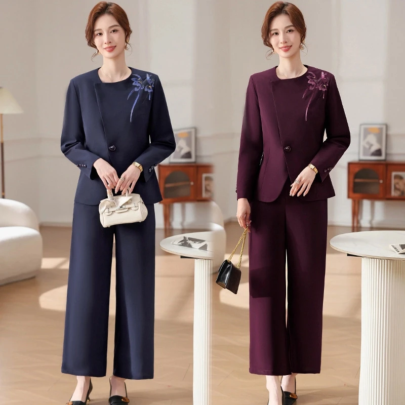 妈妈春装两件套国风刺绣修身显瘦中年女装春秋气质高档西服套装女