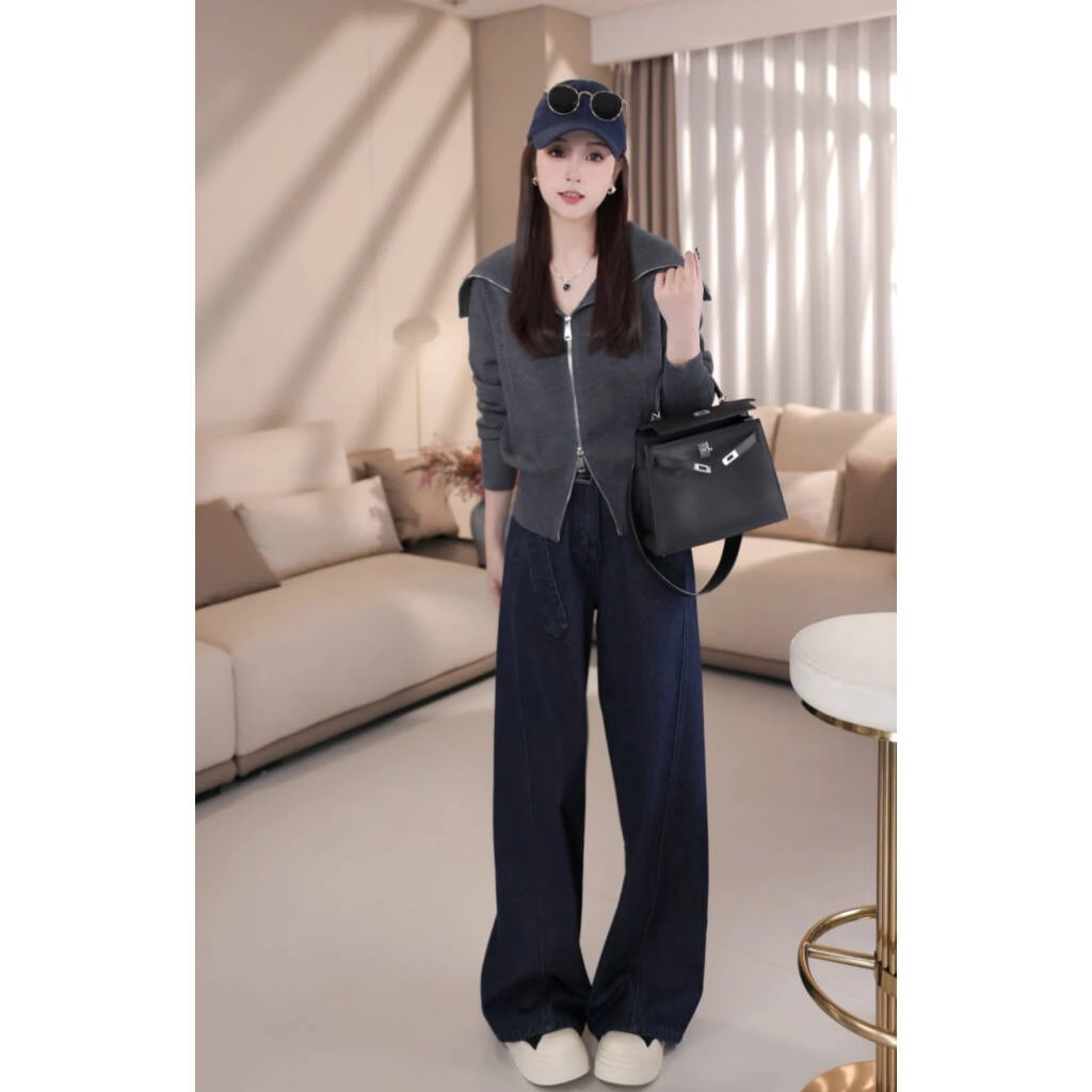 【少女航线】B90062秋季新款时尚宽松洋气翻领复古纯色针织开衫外套