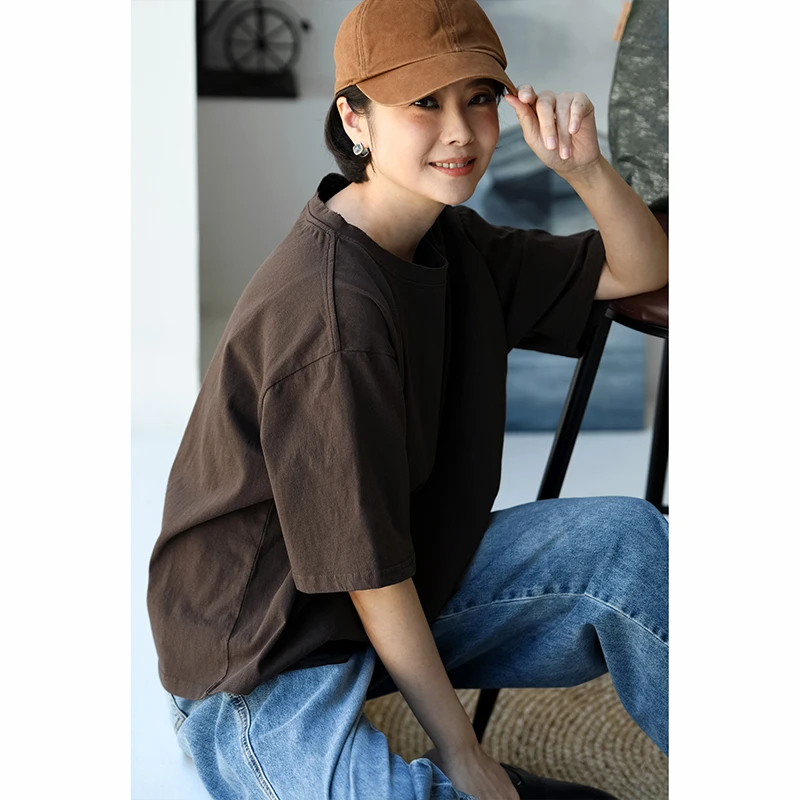 换季T58800 文艺日系简约圆领纯棉多色宽松短袖短款T恤女春夏