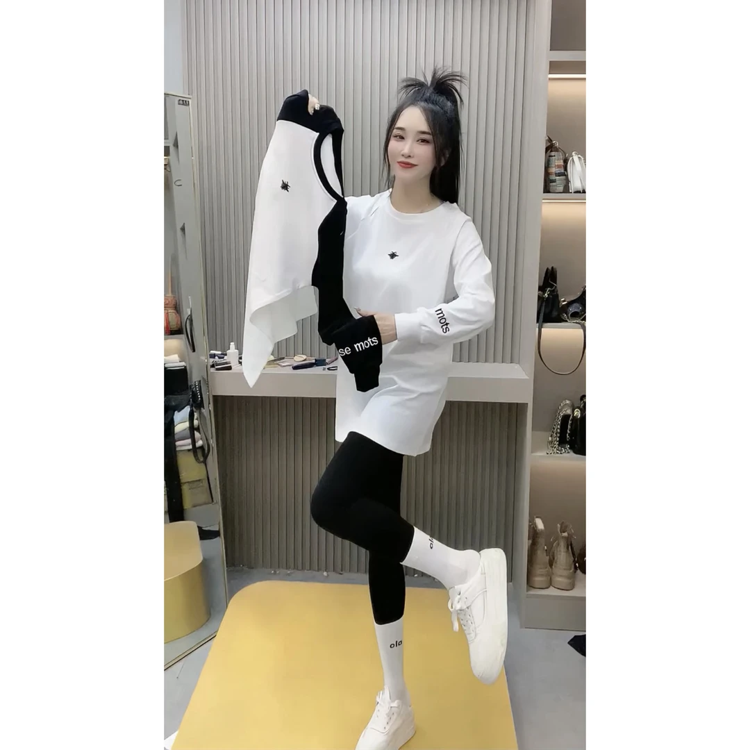 中长款撞色长袖上衣打底女春季新款宽松重工艺刺绣蜜蜂字母内搭潮