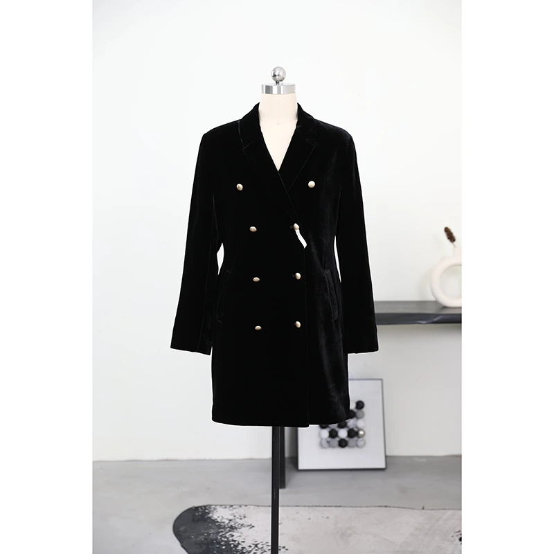 JUZININE【主播样衣】原创设计 真丝绒系带双排扣西装外套  187A