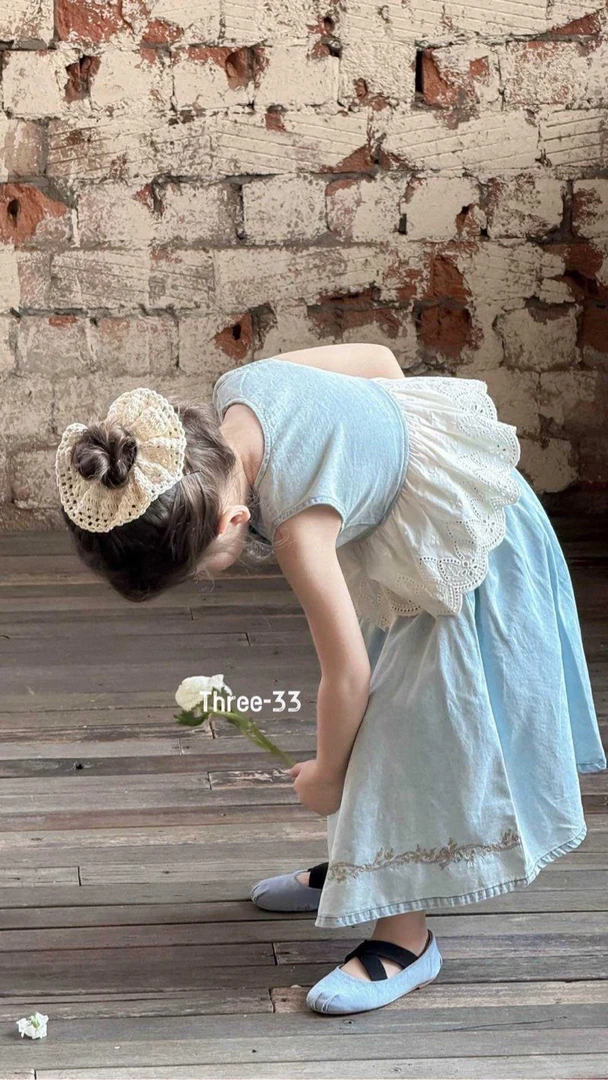 女童森系花边冰丝薄牛仔辣妹法式套装裙