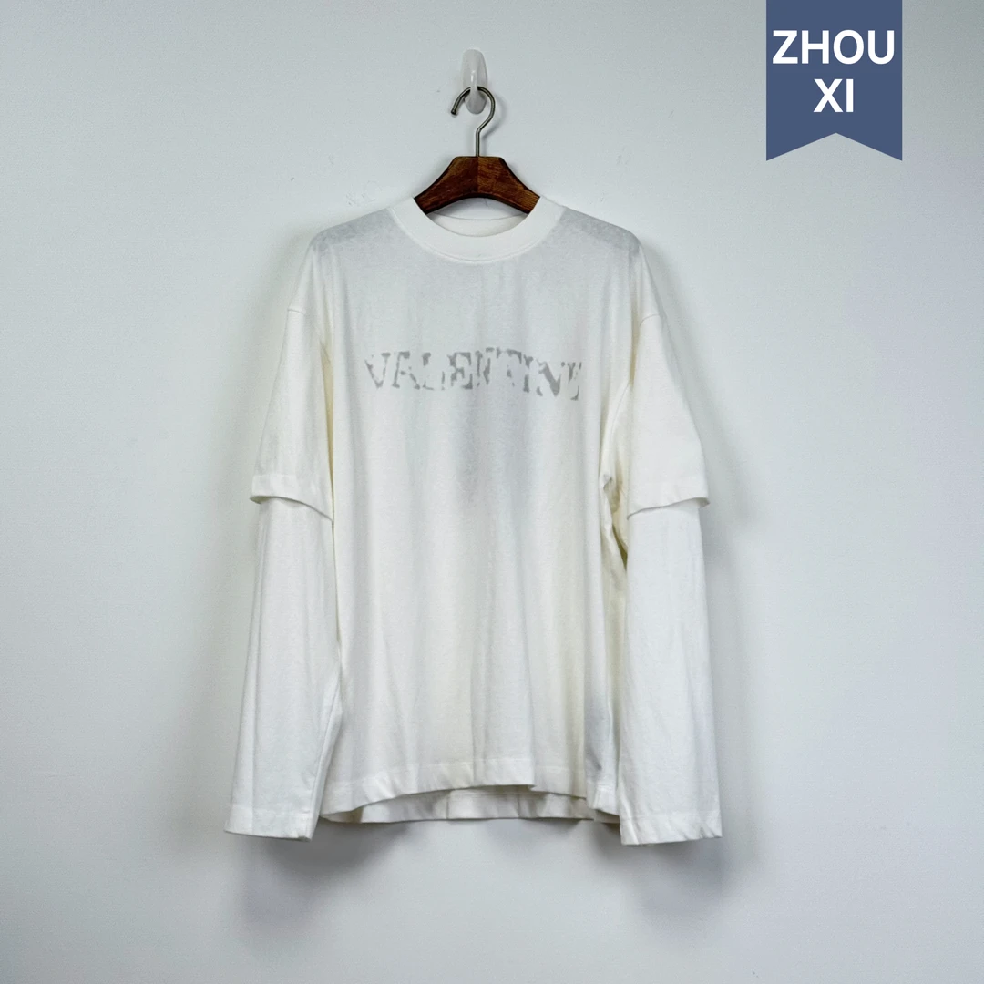 ZHOUXI白色浅印双节宽松长袖T恤