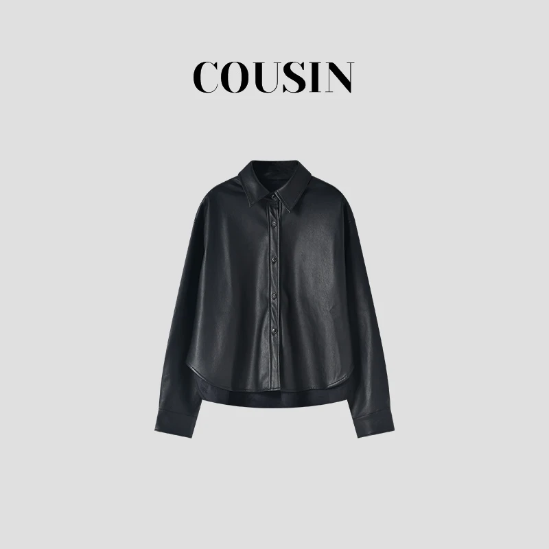 D.cousin   小众设计百搭气质显瘦长袖皮衬衫外套女  85326