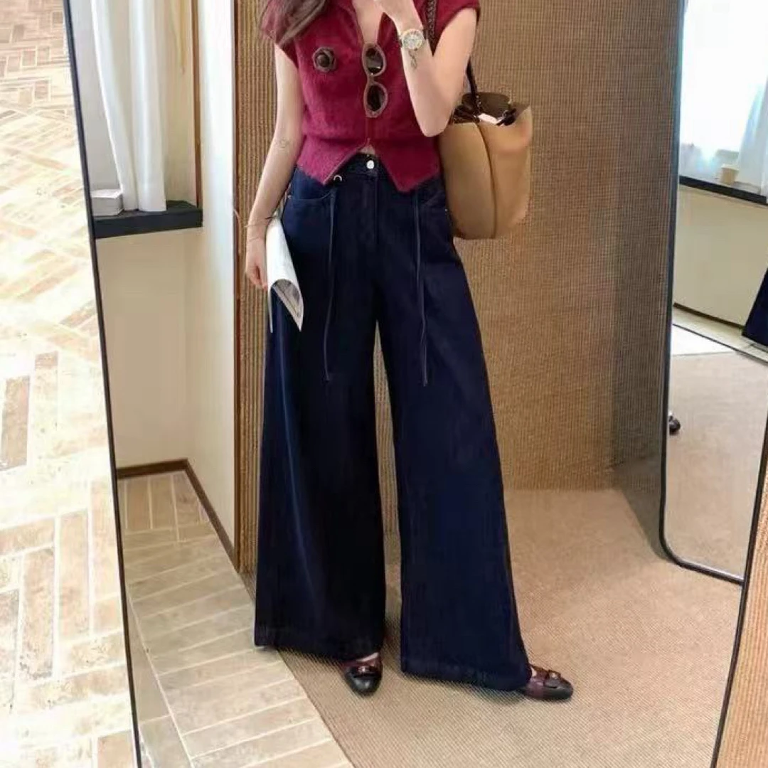 （裤长100）56036秋季新款高腰阔腿牛仔裤直筒拖地裤