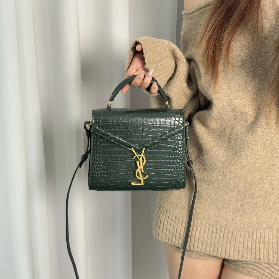 95新 YSL/圣罗兰 墨绿色鳄压手提斜挎包xq