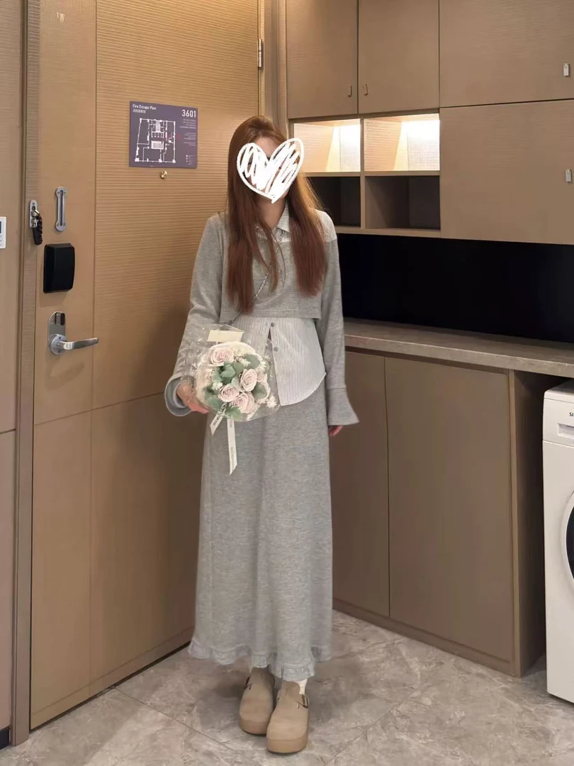 大码女装针织假两件上衣早秋休闲穿搭半身裙套装胖MM一整套