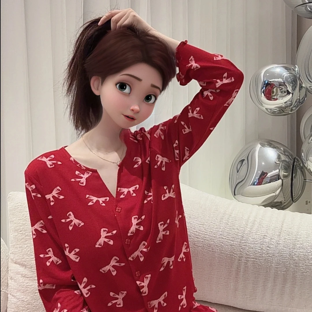 睡衣女红色蝴蝶结印花甜美莫代尔宽松开衫本命年时尚家居服套装红