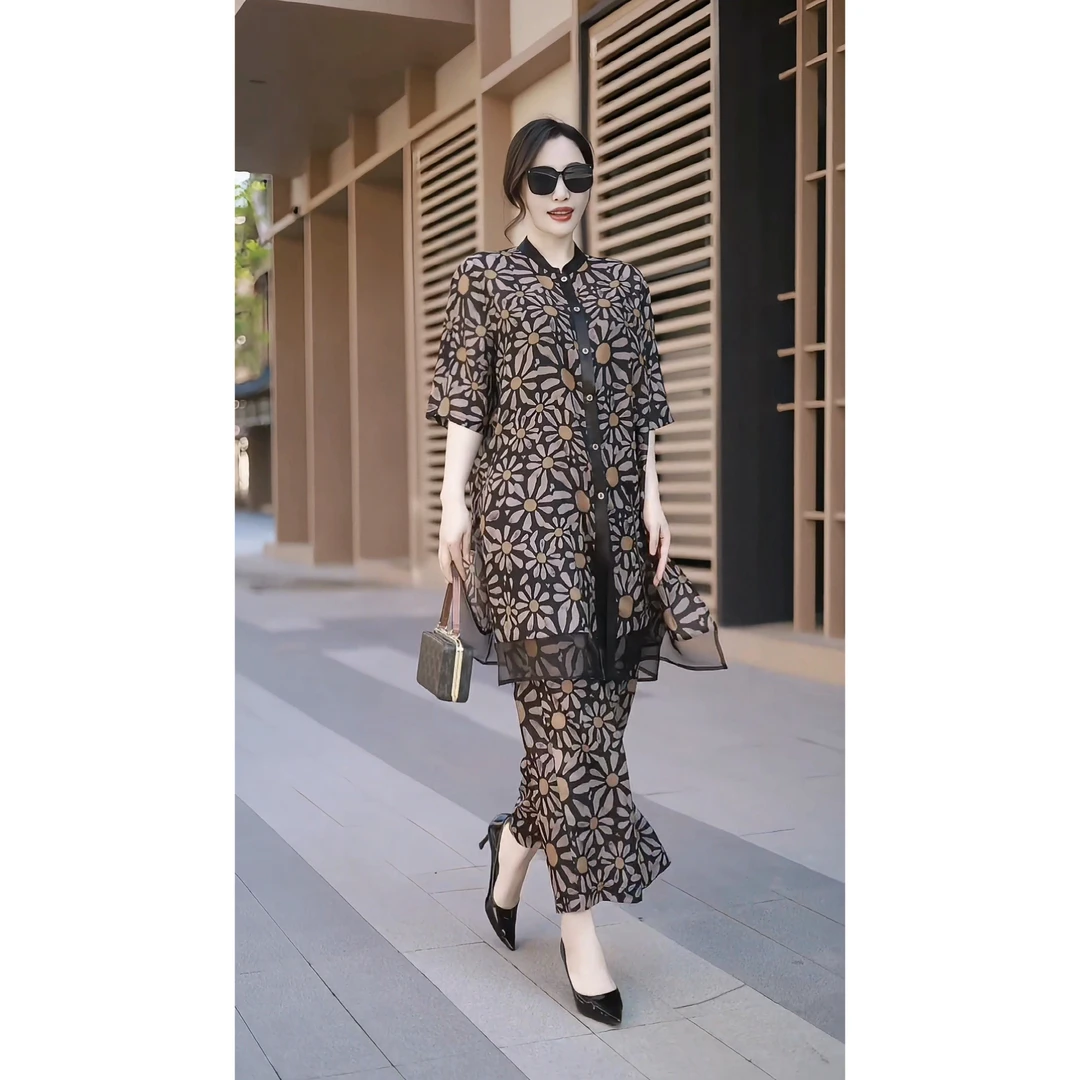 70821年夏季新款复古优雅气质大码二件套女装上衣和裤子