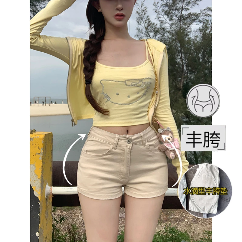 韩女丰胯裤米色牛仔短裤女2025秋季新款低腰紧身显瘦包臀百搭热裤
