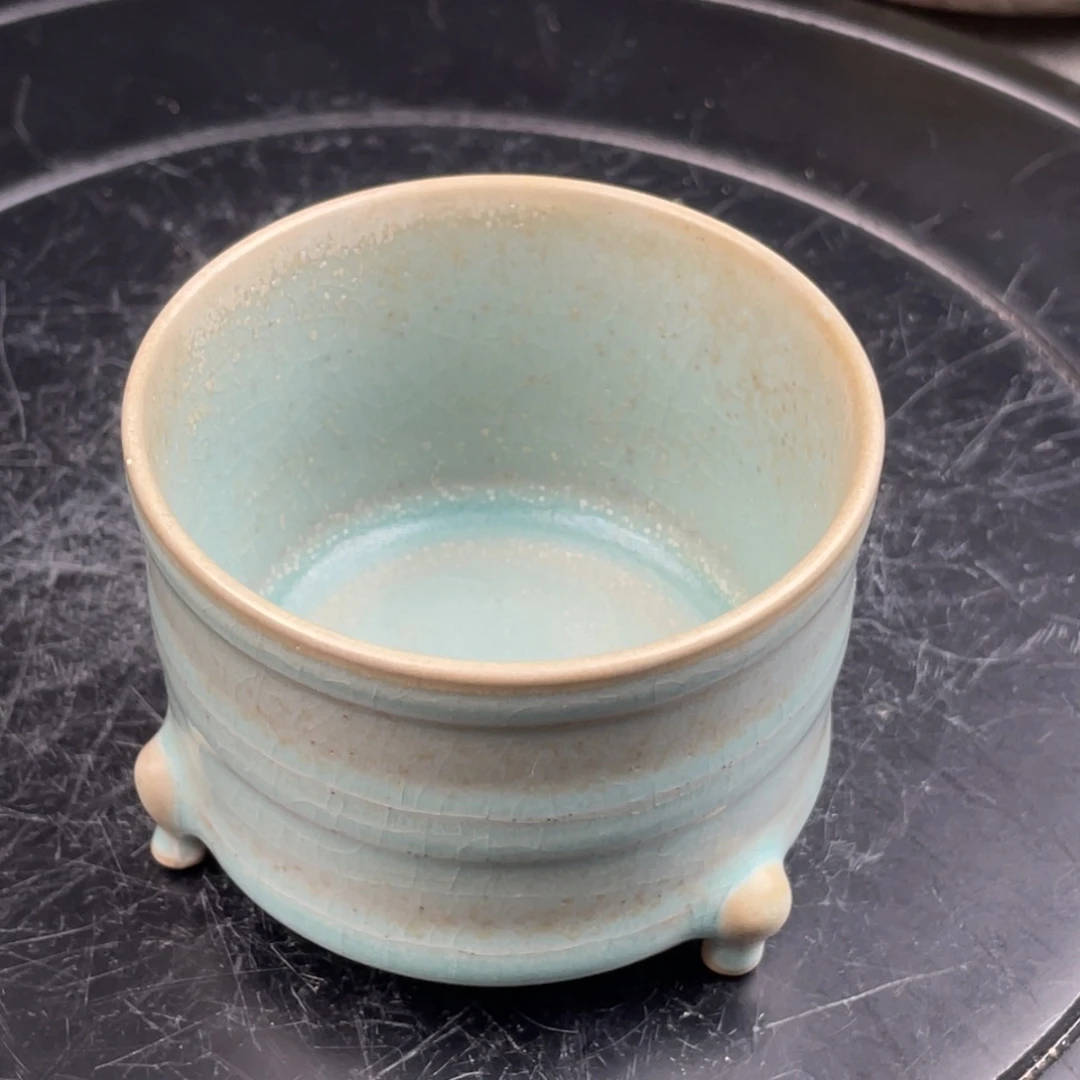 瓷汝窑三足莲摆件工艺品