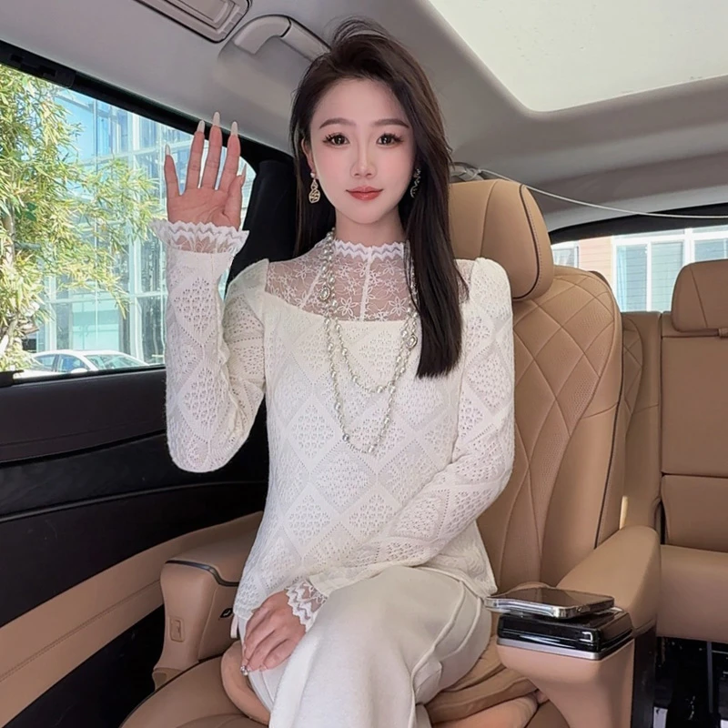 季念修身半高领蕾丝针织衫女秋冬新款法式高级显瘦长袖打底衫上衣