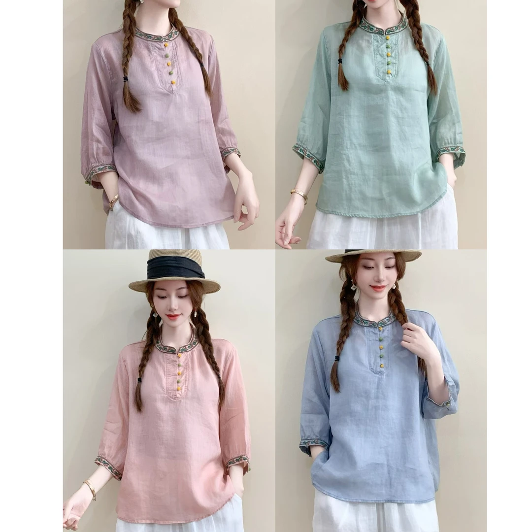 【花汐语】2025春夏新款简约大方圆领刺绣苎麻上衣女