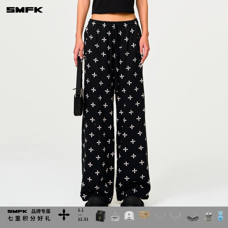 SMFK黑花园阔腿运动裤 P0009BG 十字花棉质休闲直筒长裤娜扎同款