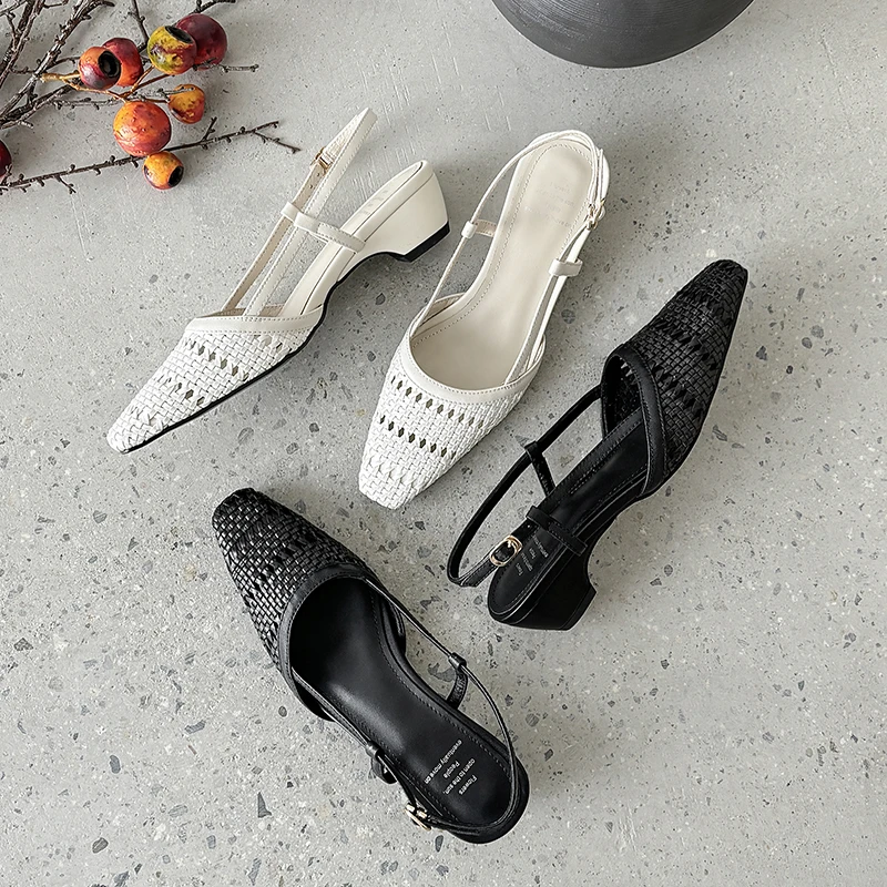 羊皮4cm方头气质优雅时尚日常真皮女鞋舒浅口适透气凉鞋2519