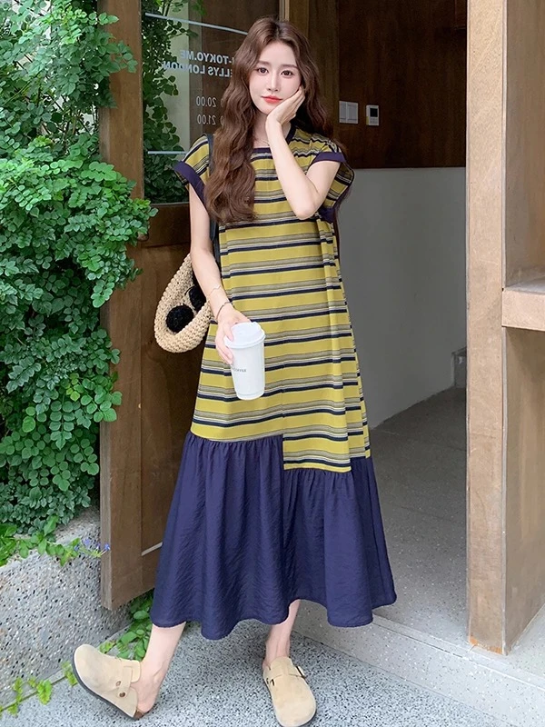 夏季条纹长裙黄色拼接减龄连衣裙中长款鱼尾裙高街轻熟风穿搭裙子