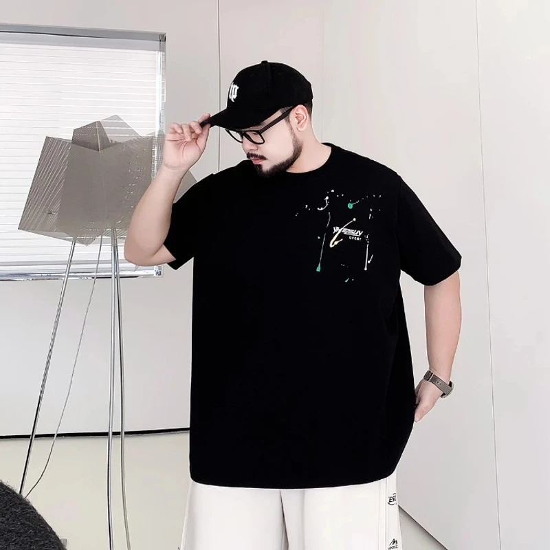 潮牌大码男装夏季胖子宽松休闲加肥加大圆领纯棉印花百搭短袖t恤