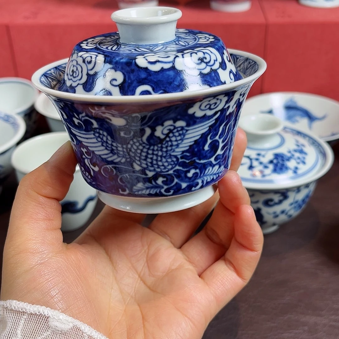 S****n青花麒麟追凤盖碗全手绘原矿釉烧制