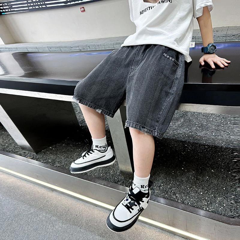 男童夏季黑色复古五分牛仔短裤2025新款儿童装男孩夏装宽松裤子潮