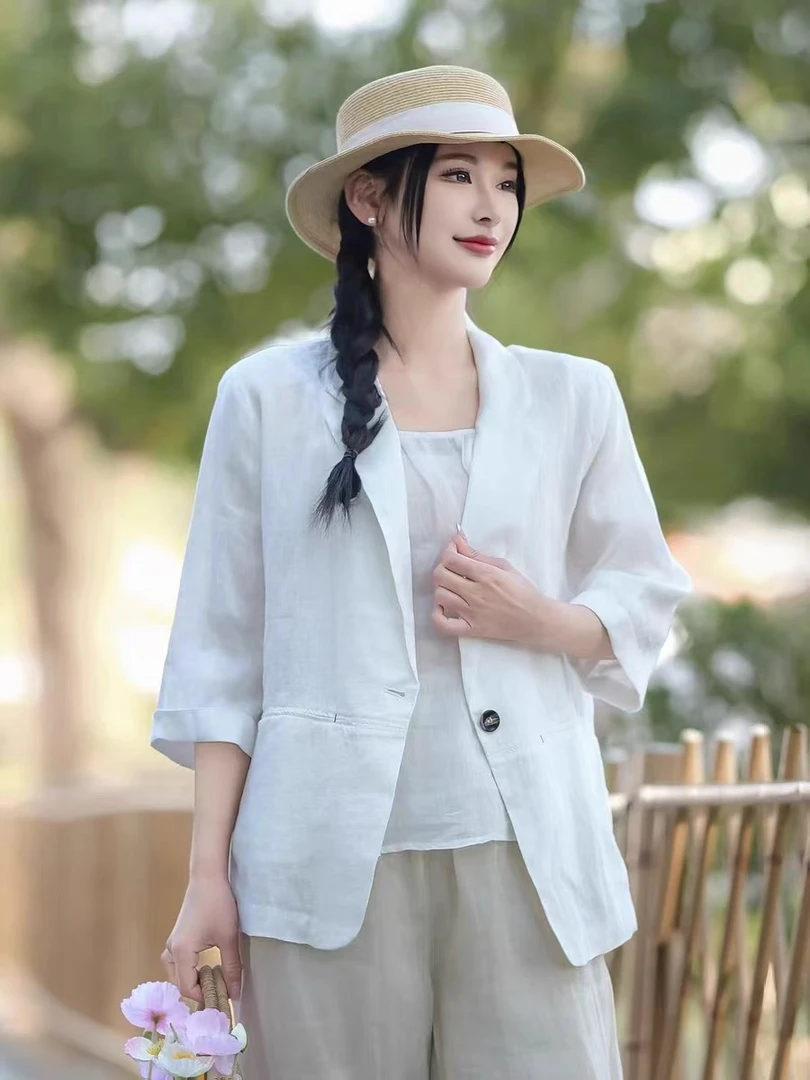 【纯亚麻高品质七分袖西装外套】3409