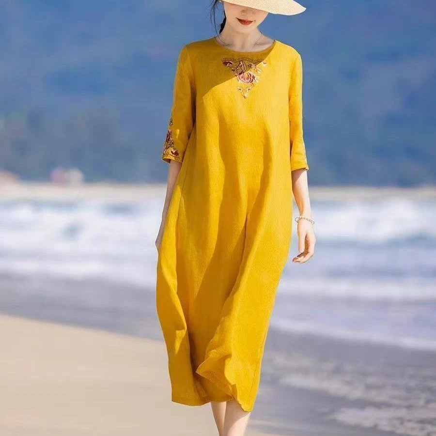 洋气休闲装新款棉麻2025夏季文艺复古刺绣新中式改良旗袍连衣裙小