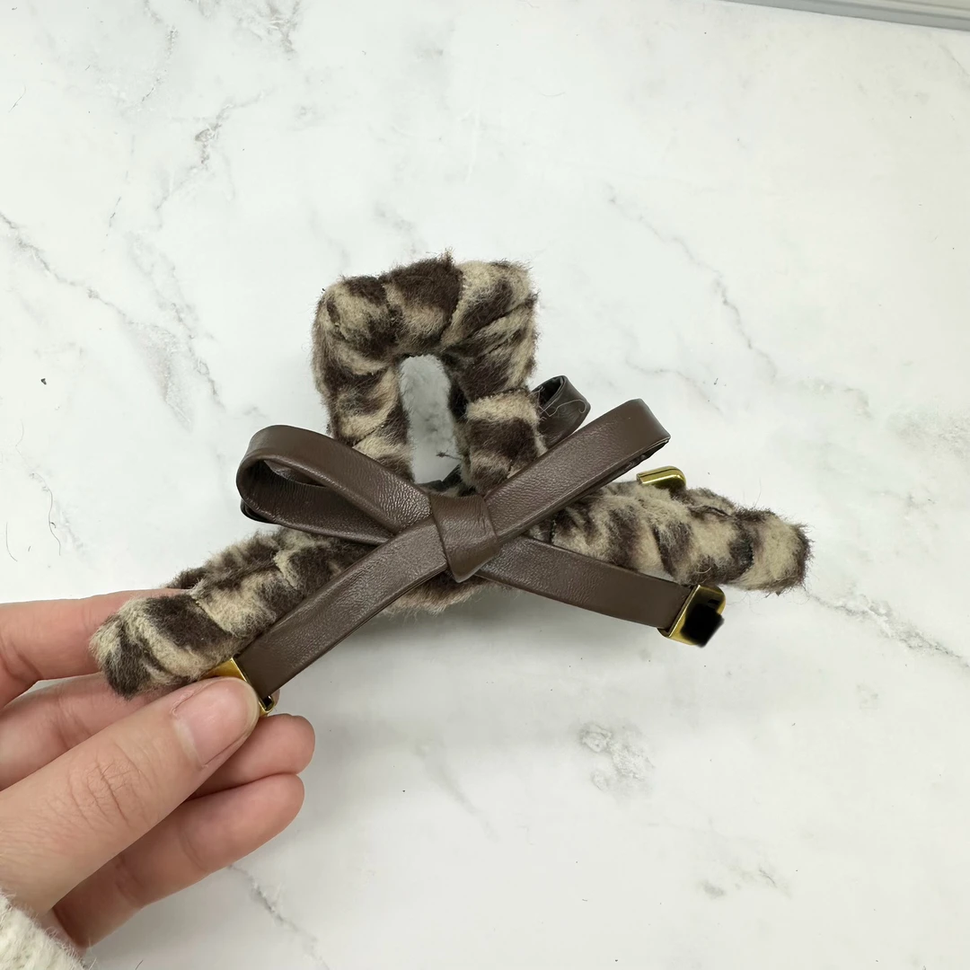 L435夕洛豹纹蝴蝶结一字方框13cm抓夹简约日韩森系时尚潮流法式